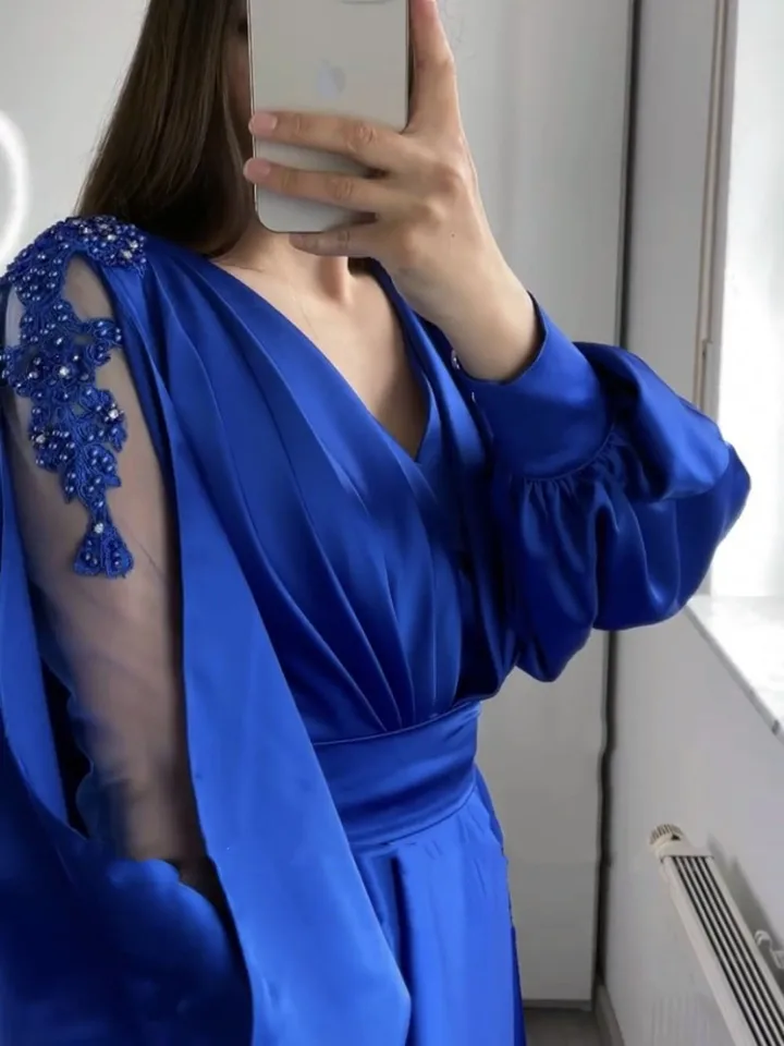 green emerald velvet dress Elegant Royal Blue Strap Deep V-Neck Maxi Dress L / Royal Blue