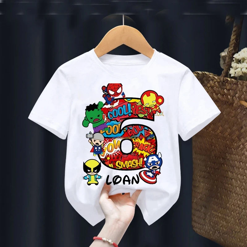 thumbnail image 1 of Camiseta de Spiderman de Marvel para cumpleaños de niño de 2, 3, 4, 5, 6, 7 y 8 años, camiseta personalizada con nombre para niña, ropa para fiesta de cumpleaños de superhéroe, 1 of 5