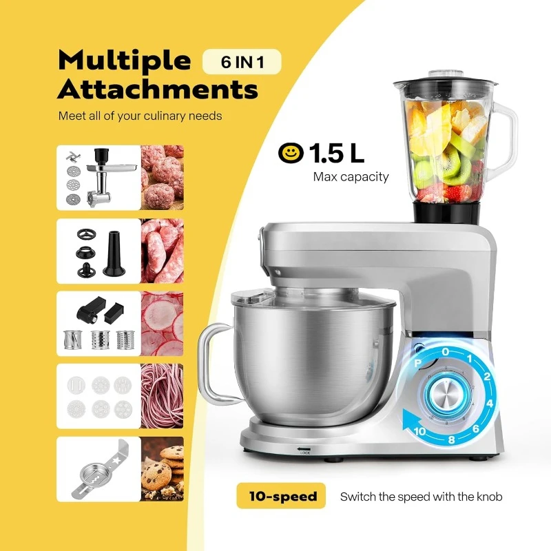 6 in 1 Multi-function Stand Mixer 10-speed Tilt Head Meat Grinder Juicer Vegetable Slicer Pasta and Cookie Maker Silver 3