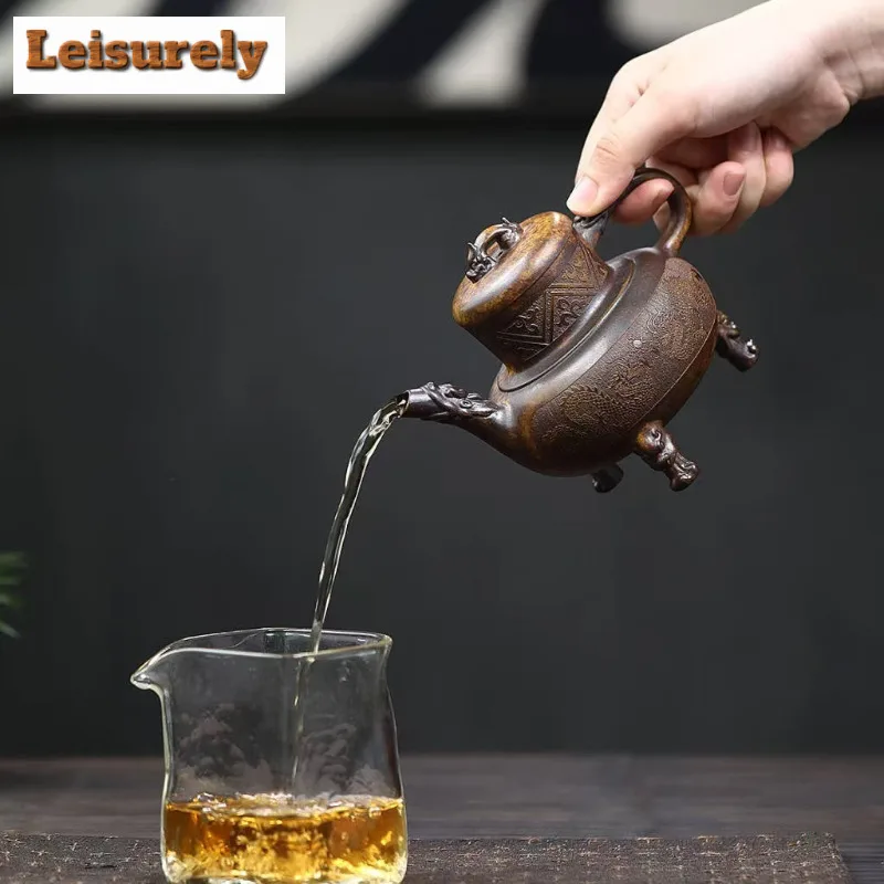 300ml Yixing Purple Clay Teapots Handmade Tripodia Furnace Tripod Pot Raw Ore Wood-fired Porcelain Mud Kettle Zisha Tea Set Gift