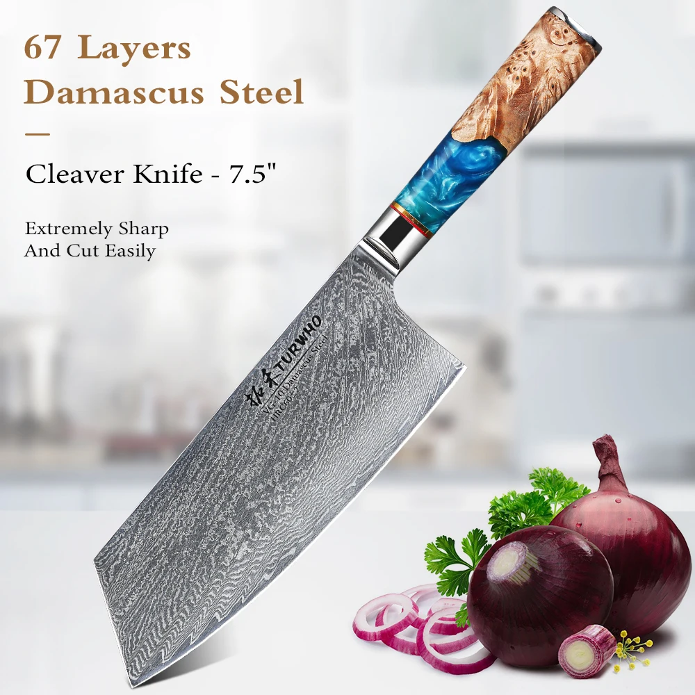 

TURWHO 7.5 Inch Nakiri Knives Japanese 67 Layer Damascus Steel Resin Color Wood Handle Chef Meat Vegetable Slicer Cooking Tool