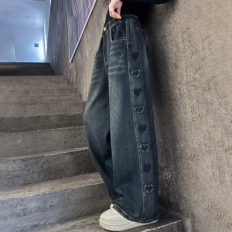Jean Ample Taille Haute Délavé Pour Filles (style Y2K) - Coupe Droite, Streetwear, Poches, Décontracté - Taille 8 à 13 Ans - 2