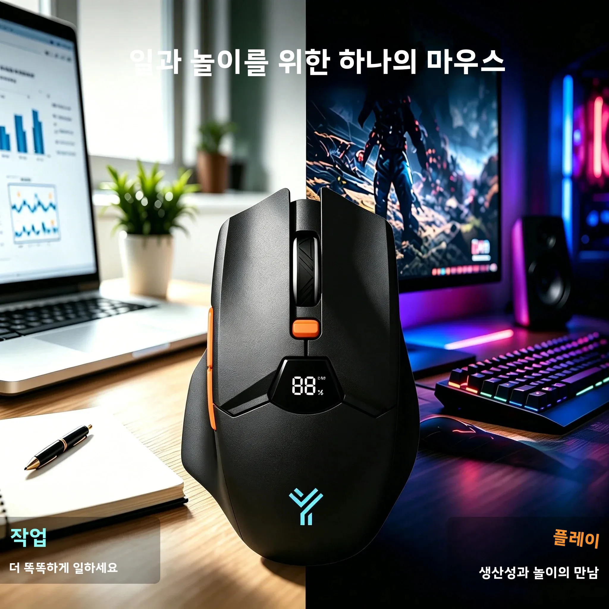 트리모드 무선 마우스 블루투스 2.4G 충전식 RGB 사무용 마우스 (노트북 PC용 LED 디스플레이 포함)