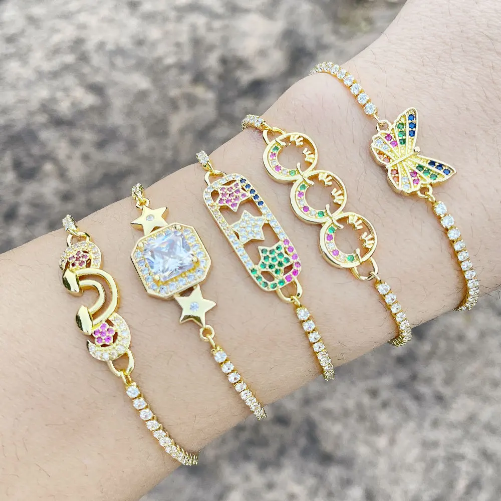 Multicolor Cubic Zirconia Crystal Lovely Butterfly Smile Face Rainbow Charm Bracciale Donna Girl Five-Point Star Chain Jewelry