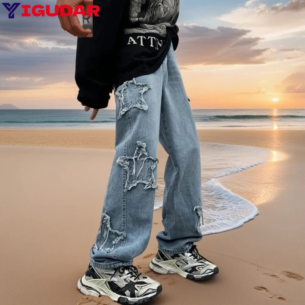 2024 New Fashion Stars Towel Embroidery Blue Men Jeans Pants Clothes Straight Hip Hop Cotton Trousers  Straight Leg Baggy Pants