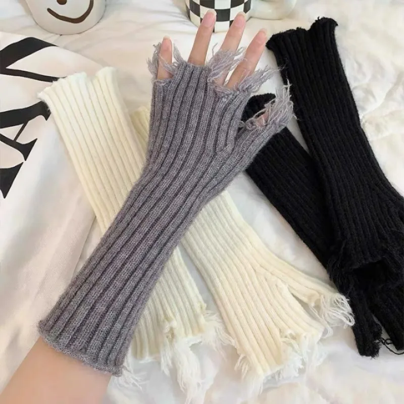

Punk Sweet Cool Personalized Fringed Tattered Gloves Simple Unisex Fingerless Cuff Knit Mittens Trendy Arm Warmer Long Gloves