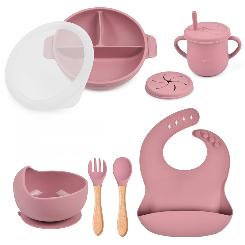 

8PCS Baby Feeding Tableware Set Children Silicone Divided Plate Sucker Bowl Bib Spoon Fork Cups Infant Solid Feeding Supplies