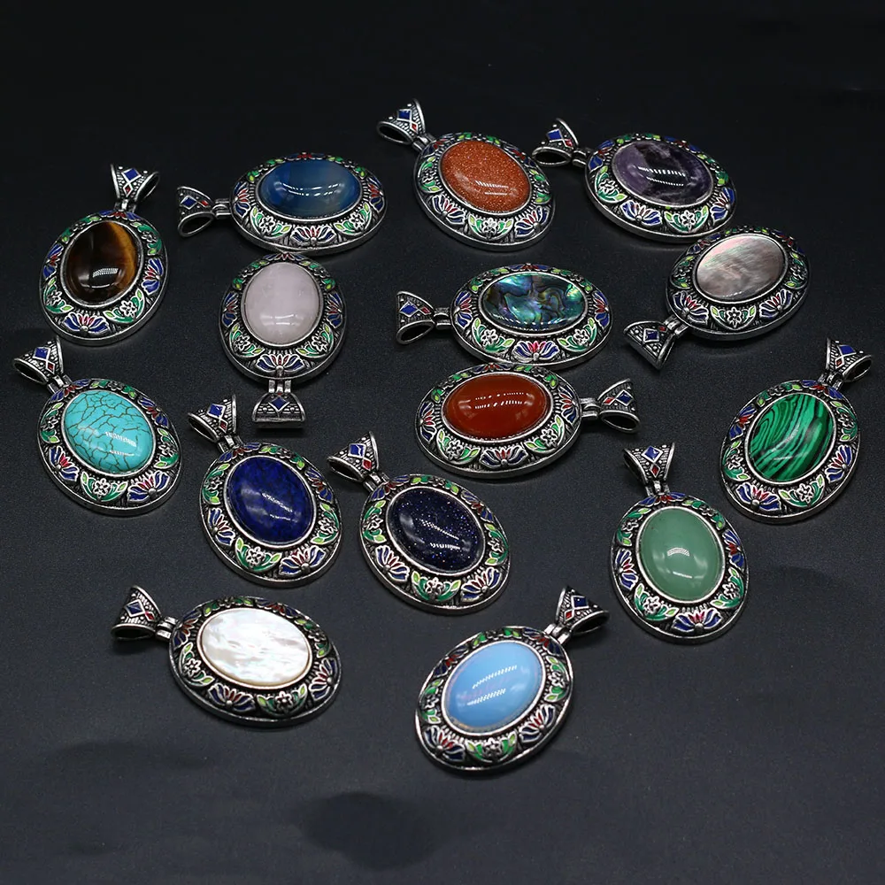 

5PCS Wholesale Price Natural Semi precious Stone Freshwater Shell Cloisonne Oval Pendant For Jewelry Making DIY Accessories