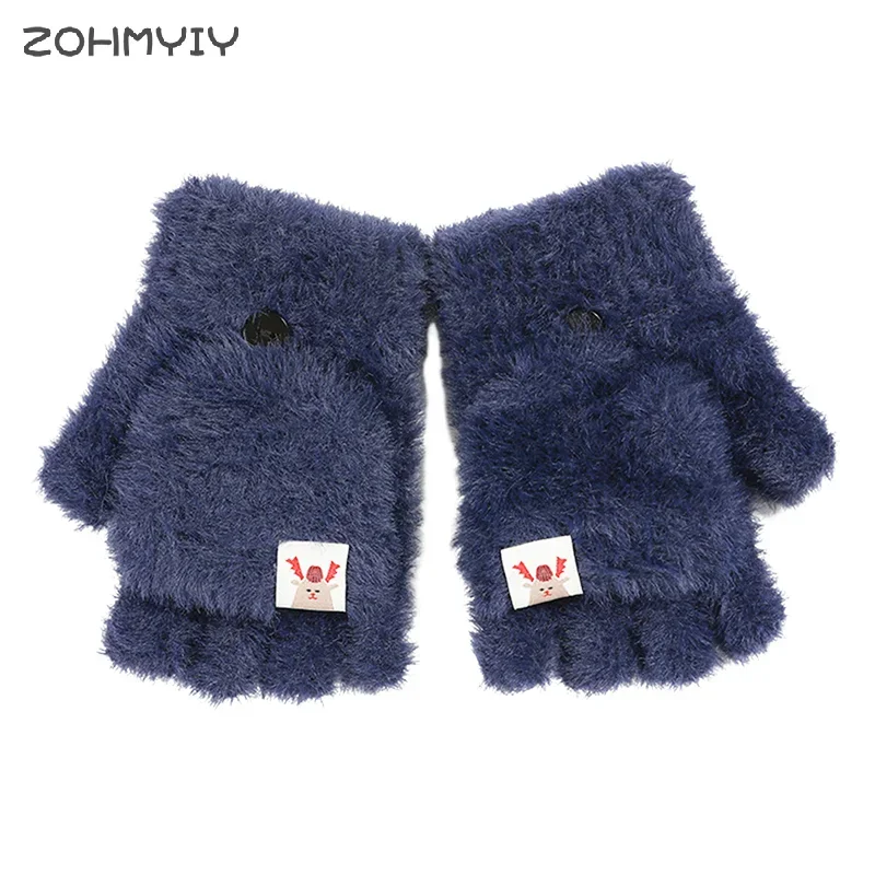 Winter Women Half-finger Flip-top Gloves Student Cute Girl Cartoon Warm Comfortable Soft Stylish Thick Knitting Mittens