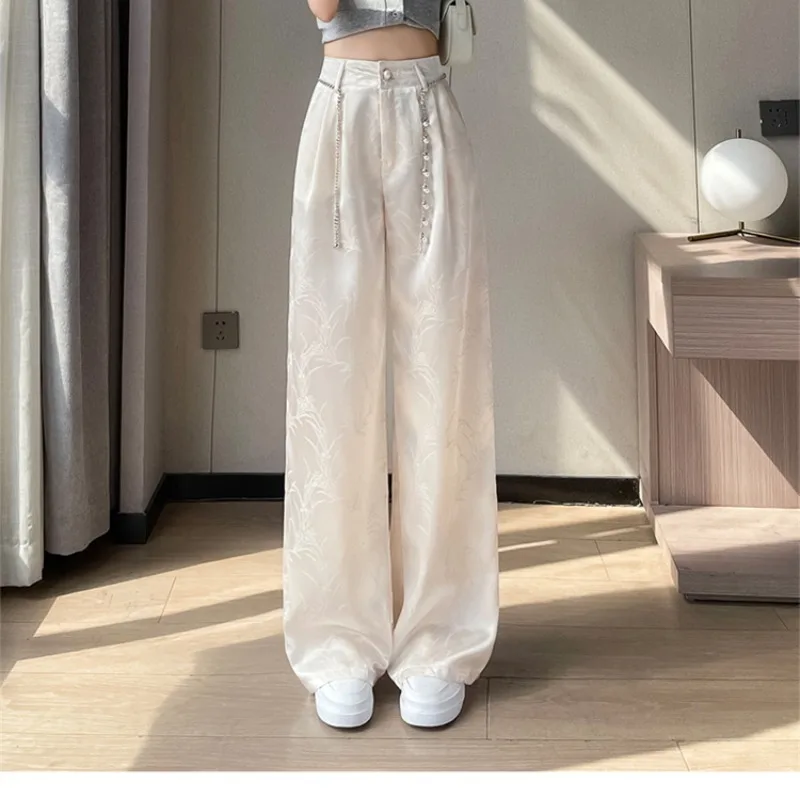 Spring Autumn Women's Button Zipper High Waist Solid Chiffon Printed Geometric Shaped Wide Legs Casual Trousers Elegant Pants