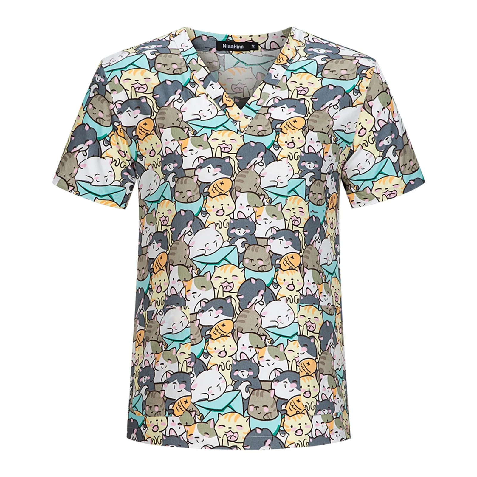 CartoonCatPrintScrubsMedicalUniformsWomenSpaBeautySalonPet