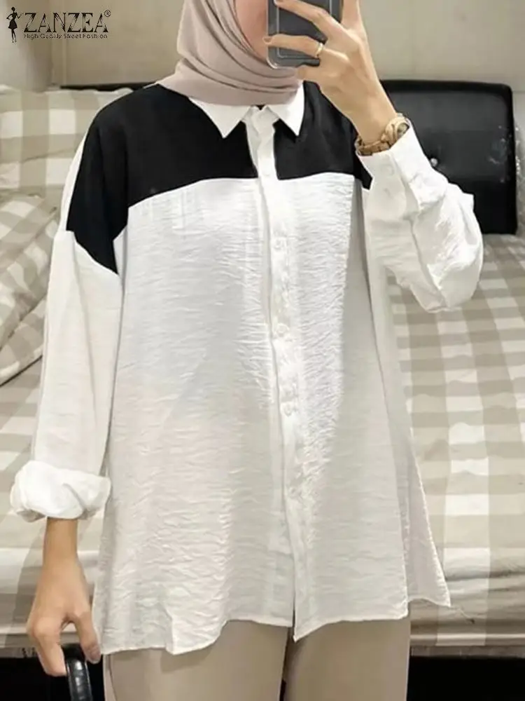 

ZANZEA Fashion Patchwork Muslim Blouse Elegant Eid Mubarek Shirt Casual Holiday Tunic Tops Long Sleeve O-Neck Chemise Oversized