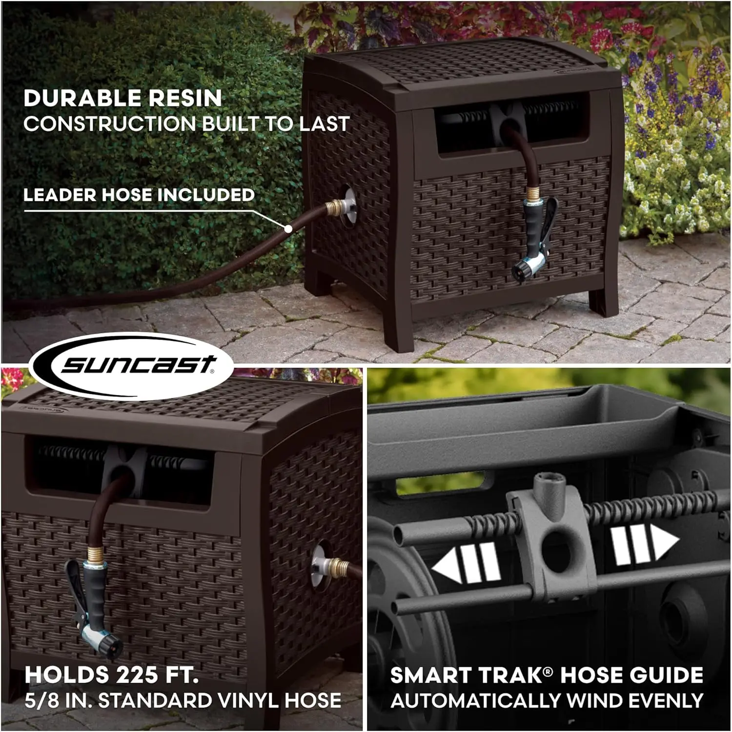 Hose Reel with Smart Trak Hose Guide, Water-Tight Connection, Durable Resin Construction, 225' Hose , Brown, Made in the USA