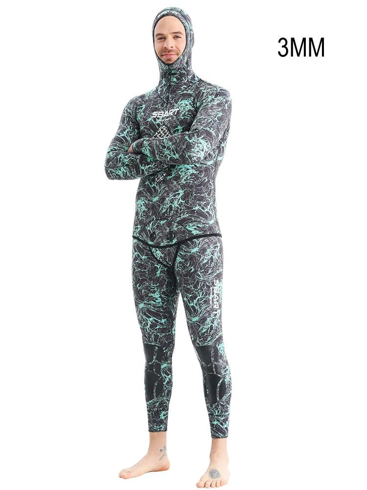 3MM Camouflage Long Sleeve Hooded 2 Pieces Neoprene Snorkeling WetSuit For Men Keep Warm Waterproof Kayaking Hunting Diving Suit