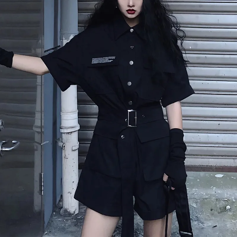

Y2k Techwear Romper with Chain Women Hiphop Gothic Black Girls Clothing Cargo Pocket Shorts Summer Fashion Emo Playsuits Alt