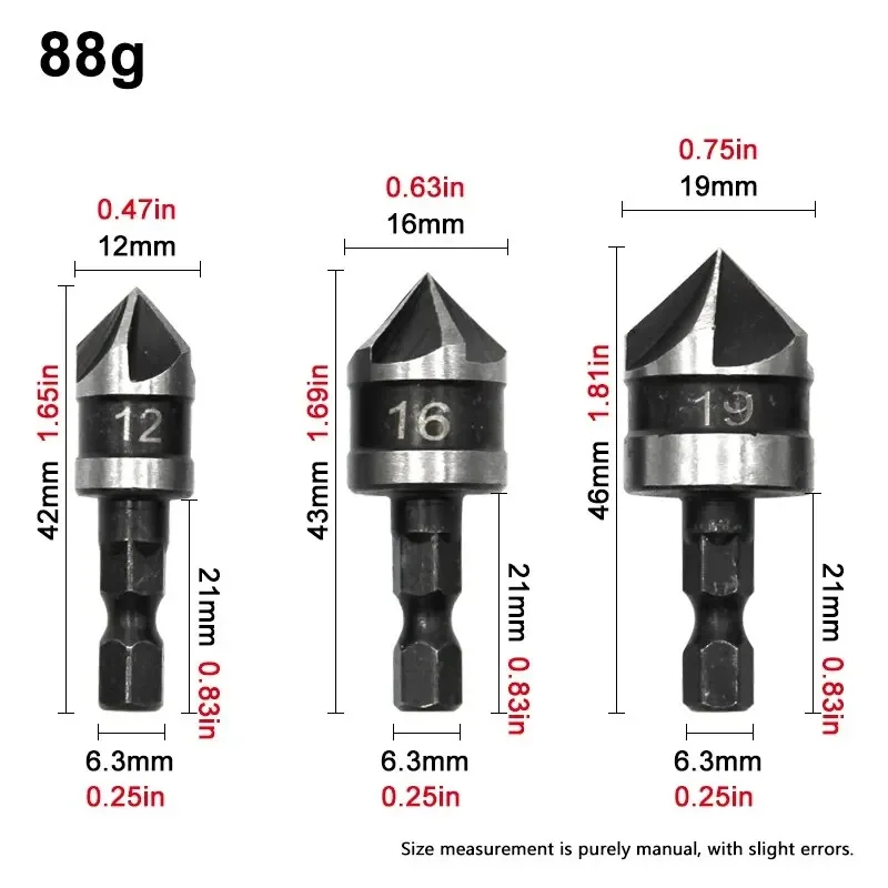 3PCS  90° 5-Flute Countersink Drill Set - Hex Shank Chamfer Tool for Wood (12/16/19mm) Hole Deburring & Opening | Professional