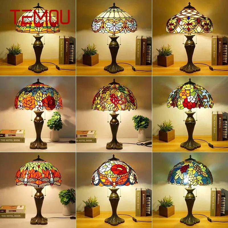

TEMOU Tiffany Table Lamp American Retro Living Room Bedroom Lamp Luxurious Villa Hotel Stained Glass Desk Lamp