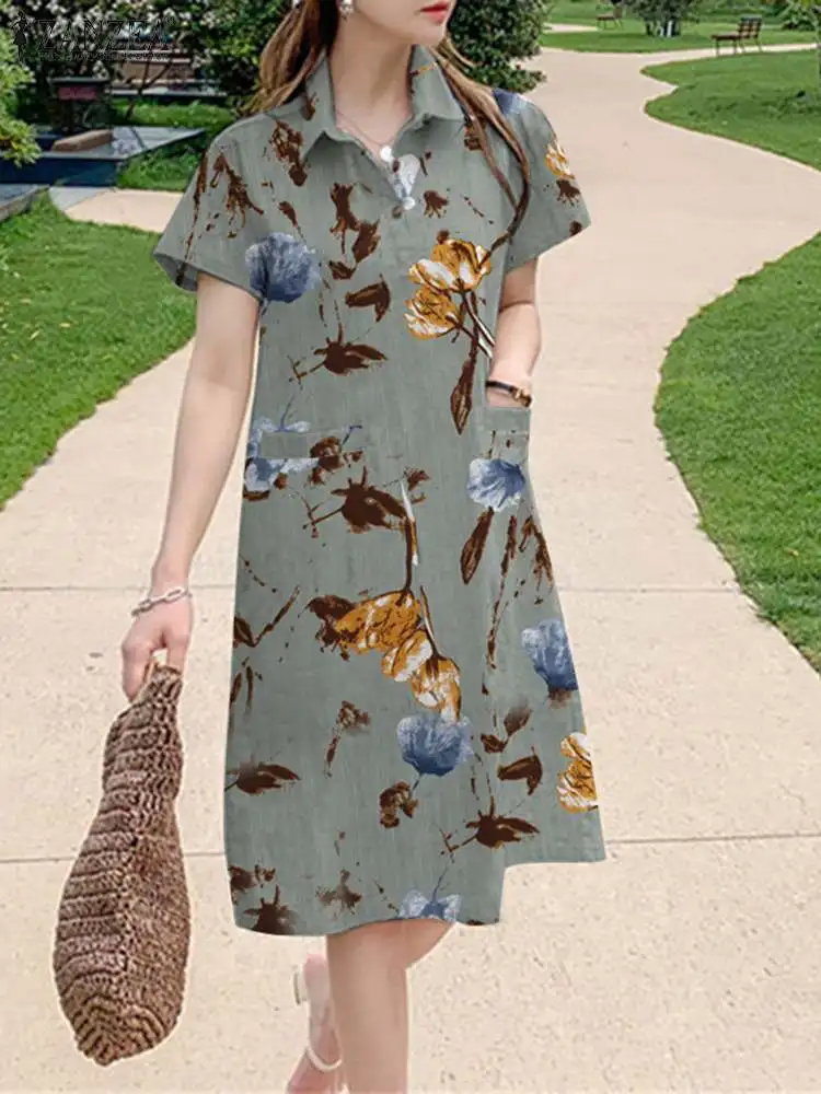 

ZANZEA 2024 Women Floral Print Vestidos Vintage Short Sleeve Dresses Casual Office Shirt Robe Elegant Summer Mini Dress Oversize