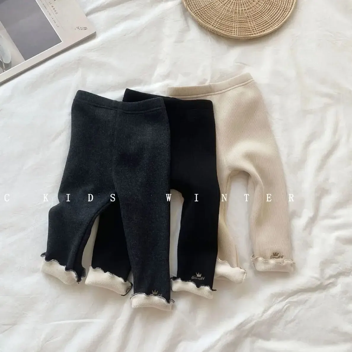 어린이 우드 이어 롤 기모, 비 플리스 안감 자수 보온 여성 바지, 가을 겨울