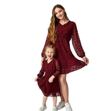 

Mother Daughter Dresses for Family Matching Clothes Outfits Mommy and Me Chiffon Long Sleeve V-Neck Tunic Beach Dress