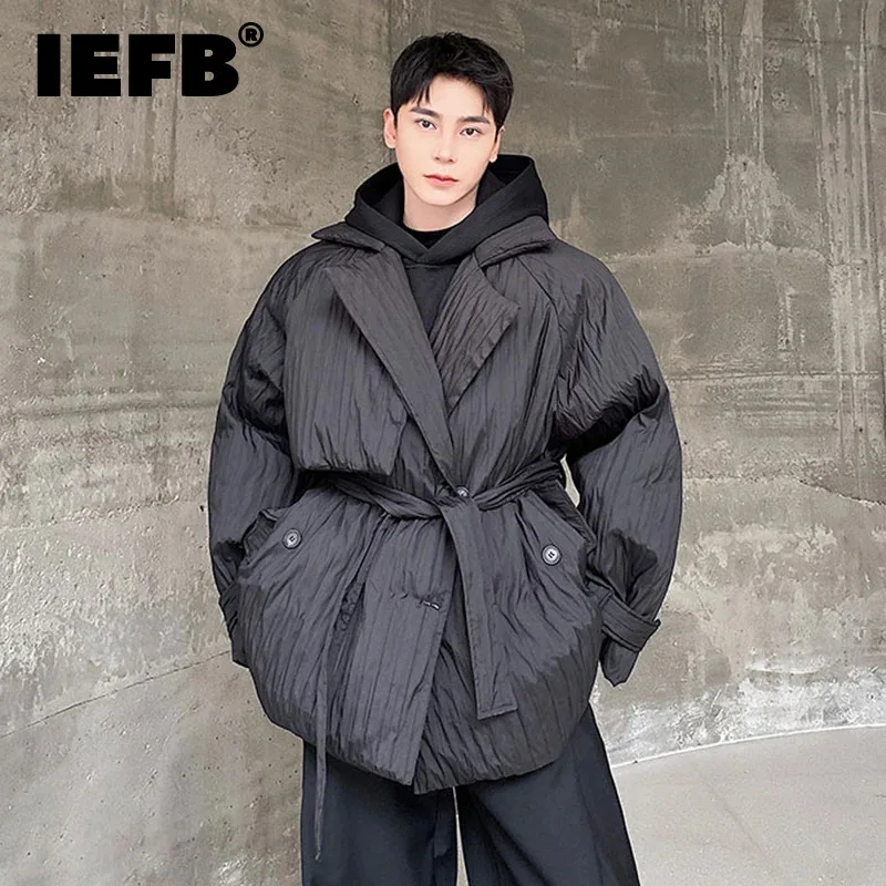 

IEFB Winter Men Thickened Duck Down Jacket Medium Length Loose Warm Pleated Niche Design Cotton Clothing Fashion 2023 New 9C3303