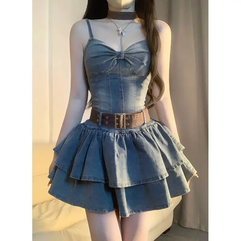 

Denim Strap Strapless Skirt 2024 Women's Summer Sweet and Spicy Retro Short Skirt Waist Slimming ball gown