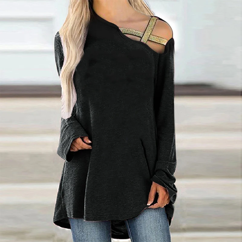 

Однотонная Классическая футболка, женские Асимметричные черные топы с длинным рукавом, повседневные Длинные свободные футболки из смеси хлопка с открытыми плечами
