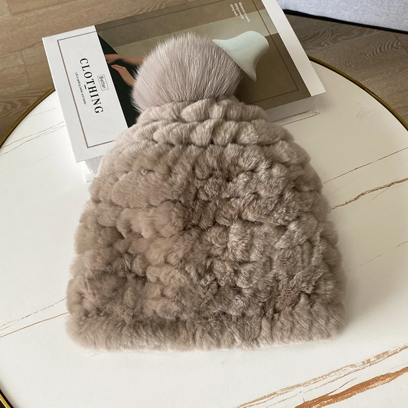 

quality New Winter Warm 100% Rex Rabbit Hats knitted Hat Women Casual Real Fox Wool Fur Beanies Skullies High