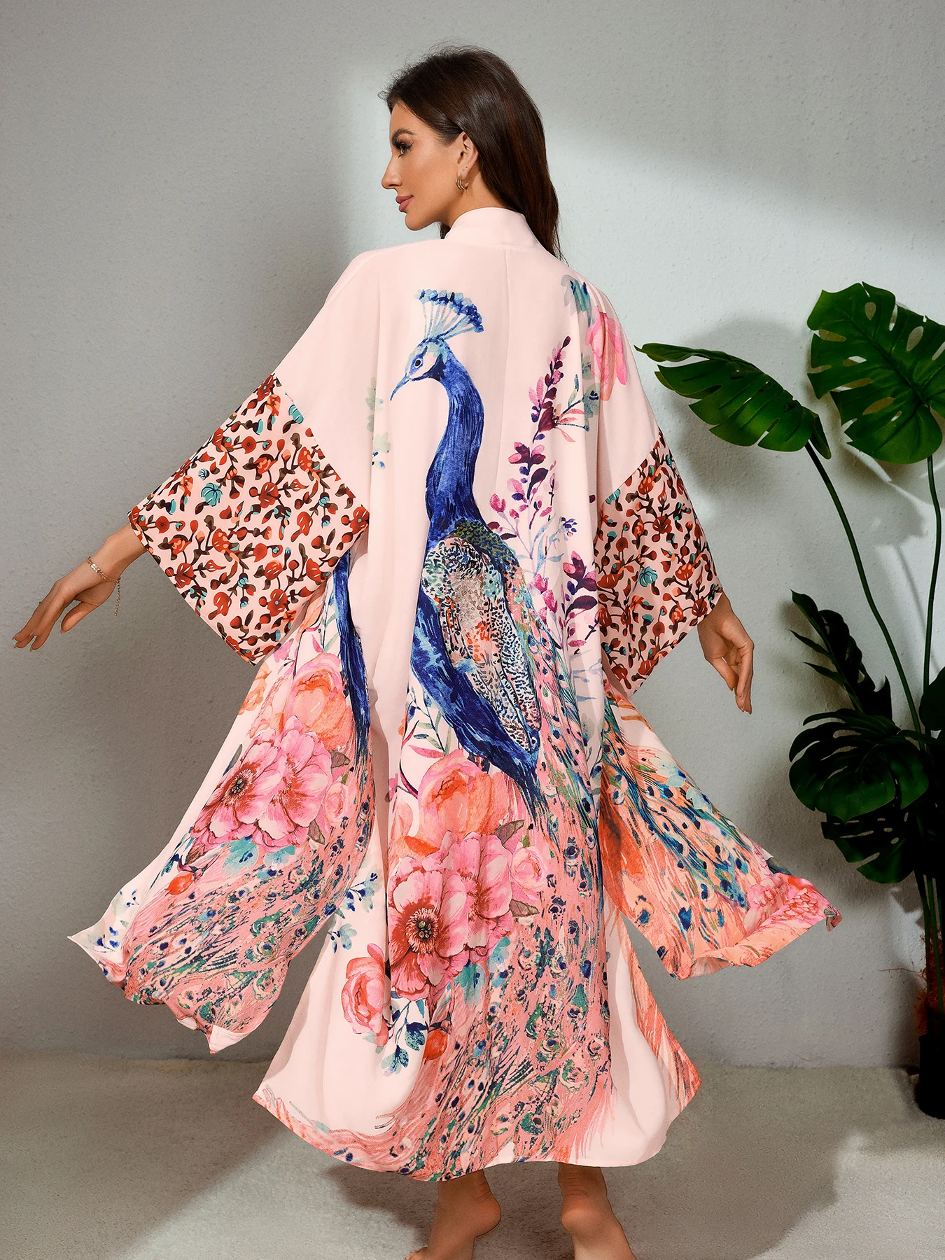 Peocock Printed Beach Cover Ups Kimono Summer Self Belted Women Wrap Dresses Bohemian Dresses Holiday Bathing Suits 1
