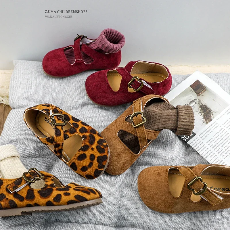 New Girl Princess Shoes Leopard Printed Children Fashion Leather Shoes Causal Walking Versatile Kids Flat Hook Loop