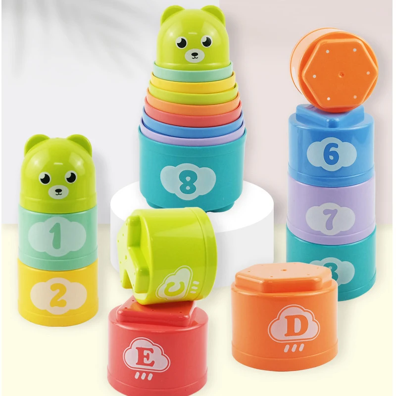9PCS Fun Rainbow Cups Stacking Cups Figure Letters Baby Children Educational Toy Stacking Tower Mini Bear Kids Toddler toys
