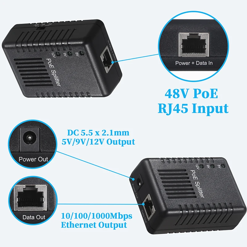 기가비트 PoE 분배기, 전환 가능한 전압 5V 9V 12V DIP 스위치 출력, 비-PoE IP 카메라, 라우터, WiFi AP 장치용
