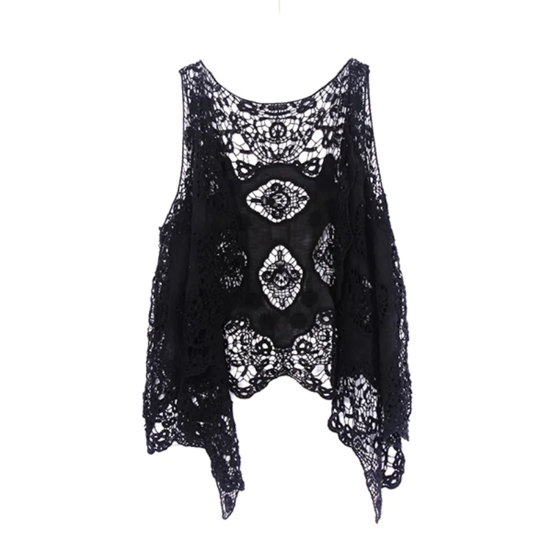 Summer Thin Coat Sleeveless Lace Cardigan Shawl Beach Suit Sun Protection Clothing Women's Hollow Air Conditioning Shirt