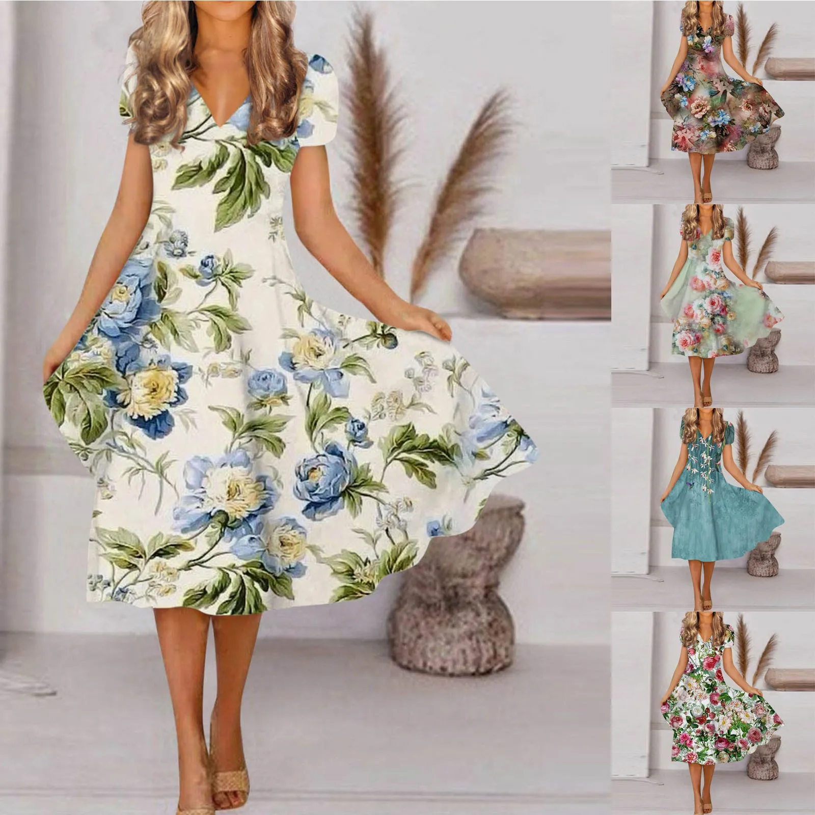 

Beach Dresses For Women Spring Casual Flower Printed Floral Print Summer Fashion V Neck Short Sleeve Loose Hem Dress Vestidos