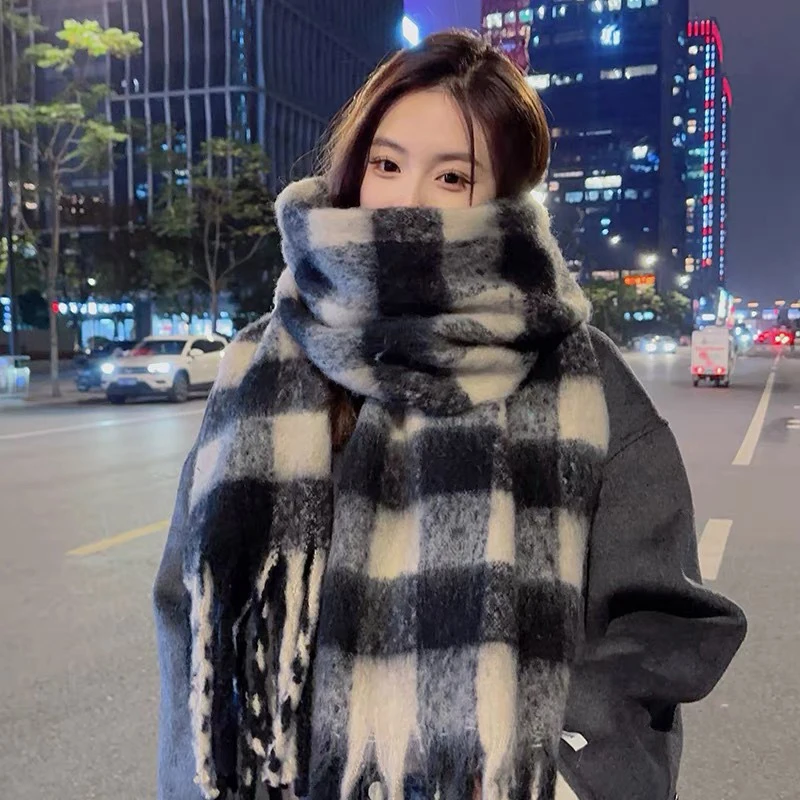 Plaid Scarf Checkerboard Soft Scarfs Women's Winter Warm Dual Use Long Shawl Vintage Thickened Scarves 2