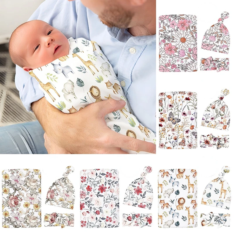 Baby Swaddle Blankets Newborn Hat Headband Wrap Blanket Set Soft Breathable Swaddling Cloths for Baby Shower Photography Props 2