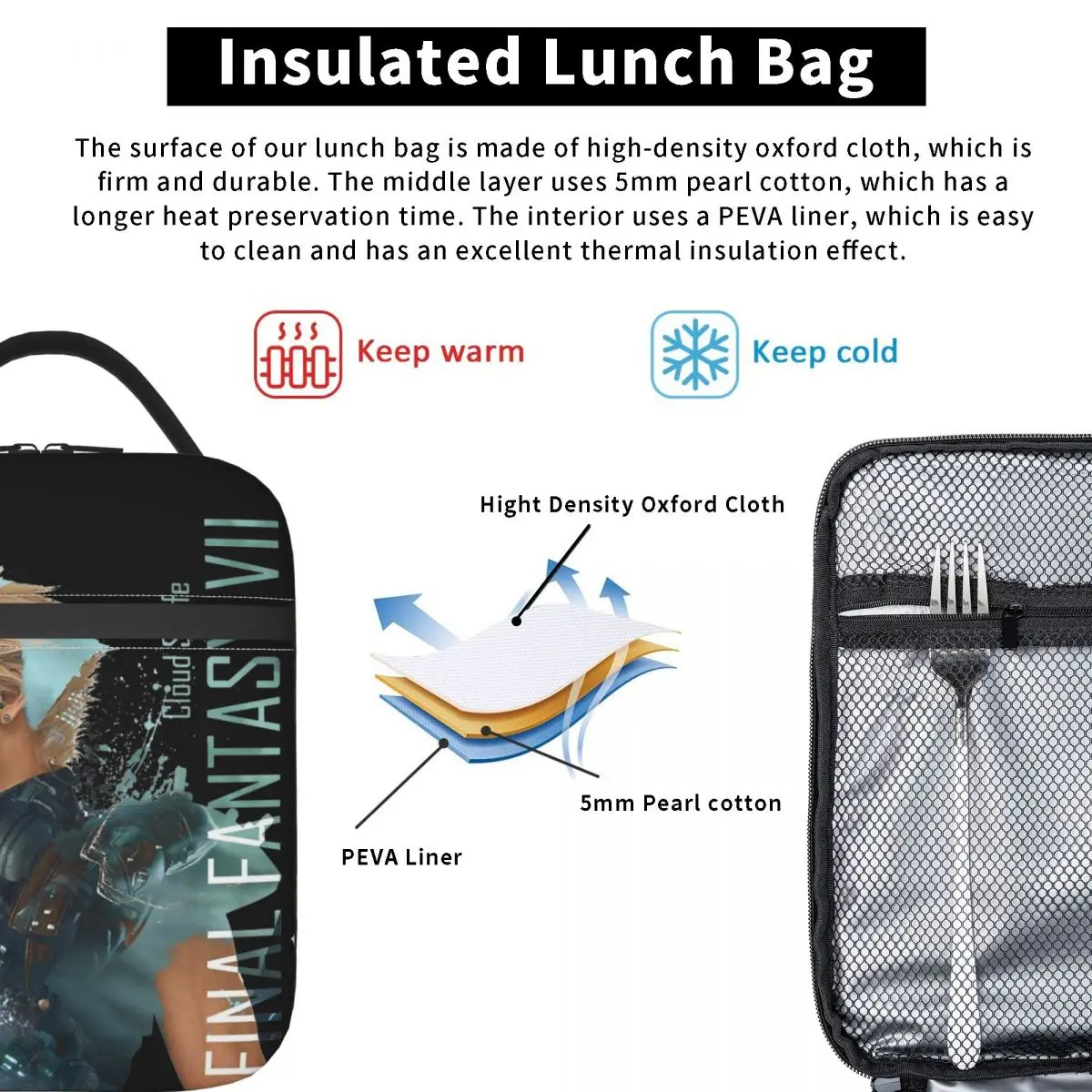 Cloud Strife Final Fantasy 7 Games Insulated Lunch Bag For School FF7 Food Storage Bag Portable Cooler Thermal Bento Box