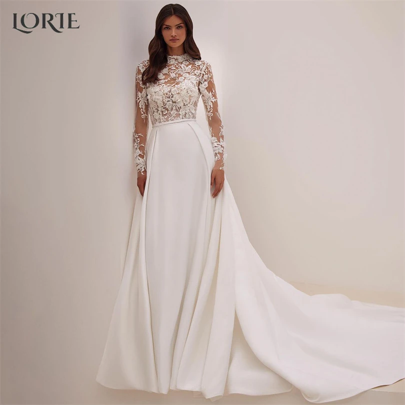 

LORIE Vintage Lace Wedding Dresses High Neck Solid Appliques Long Sleeves Bridal Gowns Elastic Brush Train Beach Bride Dress