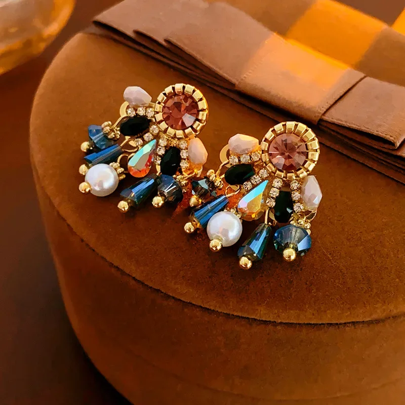 Luxury Vintage Colourful Rhinestone Water Drop Tassel Earrings for Women