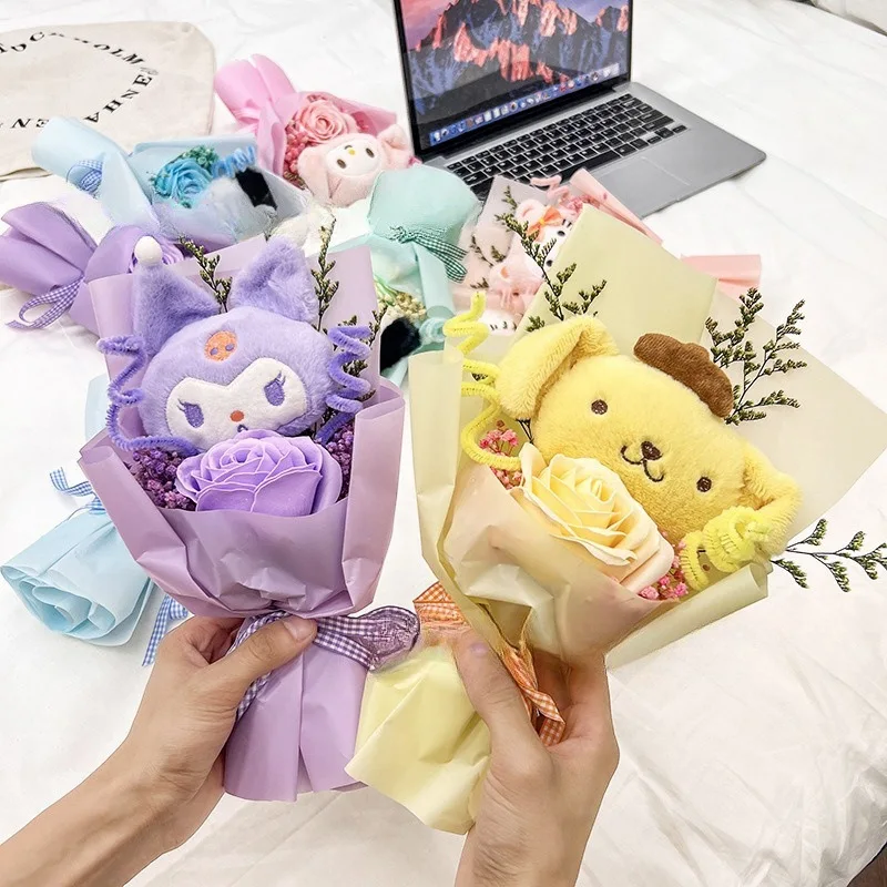 New Cute Sanrio Kuromi Melody Doll Flower Bouquet Pompompurin Stuffed Animal Melody Plush Doll Couples、Friends Anniversary Gift