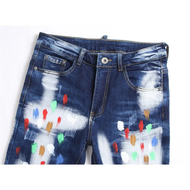 Personalized Paint Printing Design Trendy Jeans Men's Slim Stretch Street Fashion and Handsome Water Washed Hole Trousers