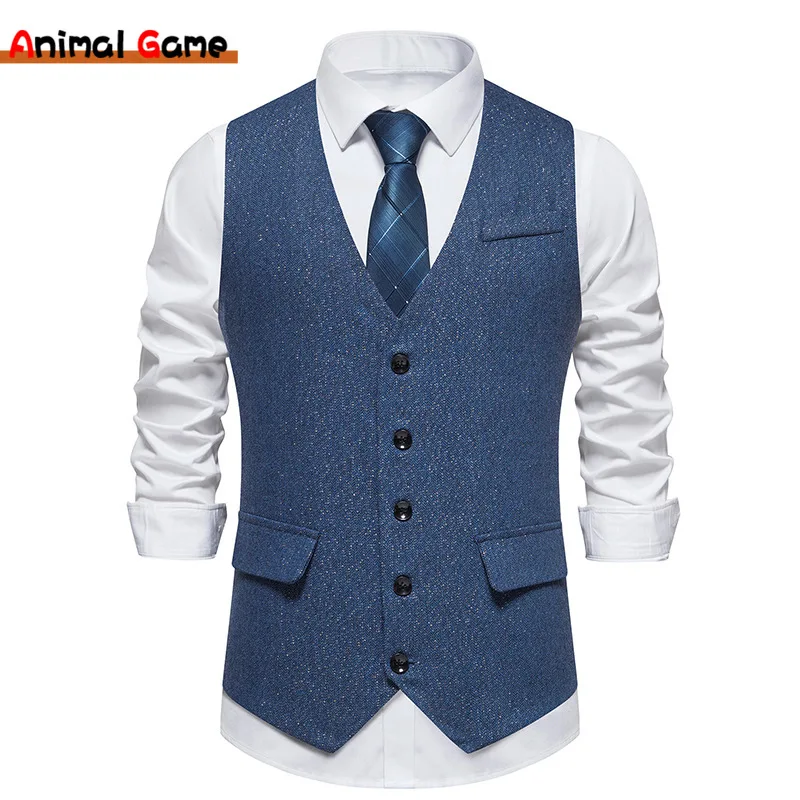 Men's Tweed Wool Suit Vest Single Breasted Slim Fit Waistcoat Herringbone Vest dress vests