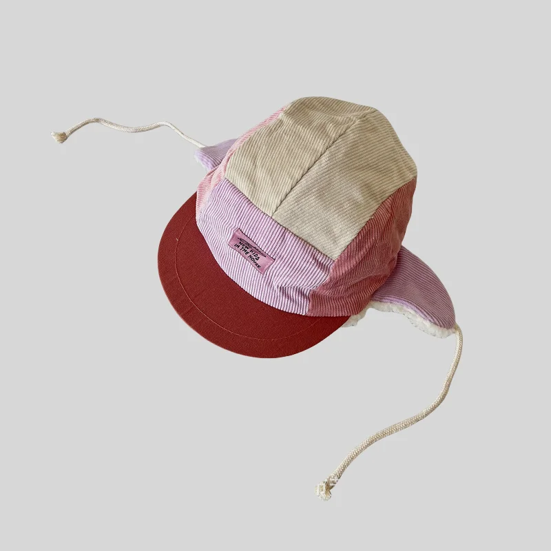 Winter Warm Corduroy Earflap Hat Color Block Patchwork Lei Feng Cap for Boys and Girls Cold Weather Protection 3