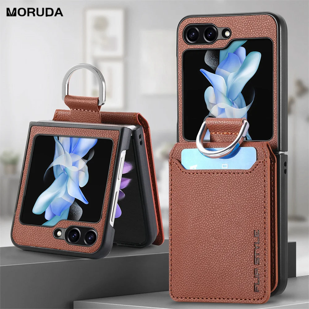 Lychee Pattern Leather Wallet Case with Card Holder and Finger Ring - Soft Protective Cover