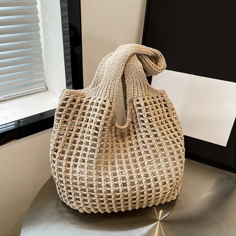 Large Capacity Knitted Hollow Shoulder Bag Crochet Underarm Tote Casual Beach Commuting Bag for Women