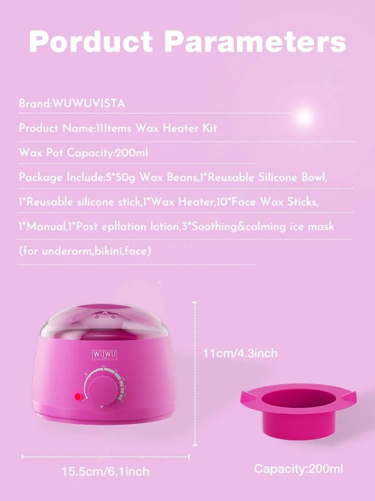 Description Picture 3 of itemWaxing Kit WUWUVISTA Hair Removal Wax Kit Wax Melt Warmer Waxing Beads Face/Brazilian/Full Body/Bikini/Sensitiive skin(23 items)