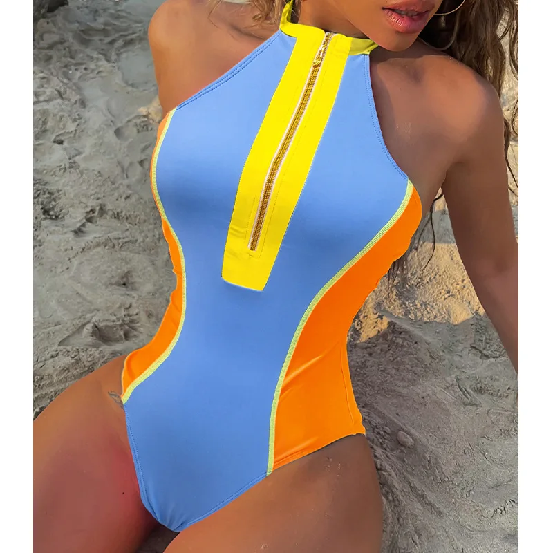 Women's Color Block Zip Front One Piece Swimsuit Bathing Suit swimwear