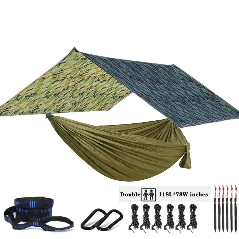 Oversized Double 118inx79in Hammock with 118inx118in Rain Fly Tarp, Indoor Outdoor Backpacking Survival & Travel Camping Hammock 