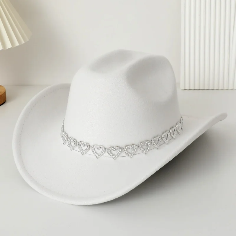 Lamuusaa y2k Women Rhinestone Heart Cowgirl Hat Wide Brim Western Hat Themed Party Cap Accessories