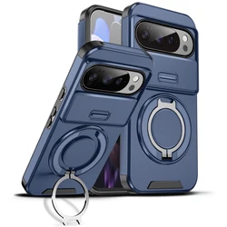 Luxury Shockproof Armor Phone Case with Rotating Ring and Push Window Protection Cover - Google Pixel 9Pro XL (Blue)